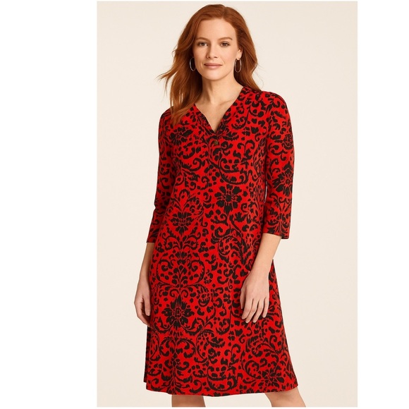 NWT CHICOS Tule 3/4 Sleeve Dress in Ancient Swirl Tomato/Black - Picture 2 of 13